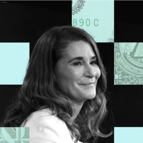 Photo of Melinda French Gates with blue and black squares behind her